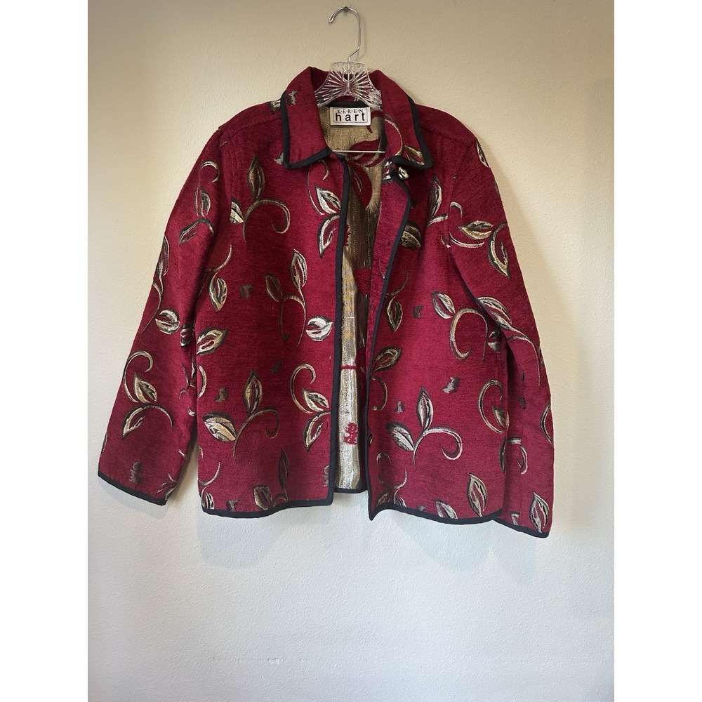 Keren Hart Jacket Womens XL Red Black Gold Brocade Jacquard Artsy Classic